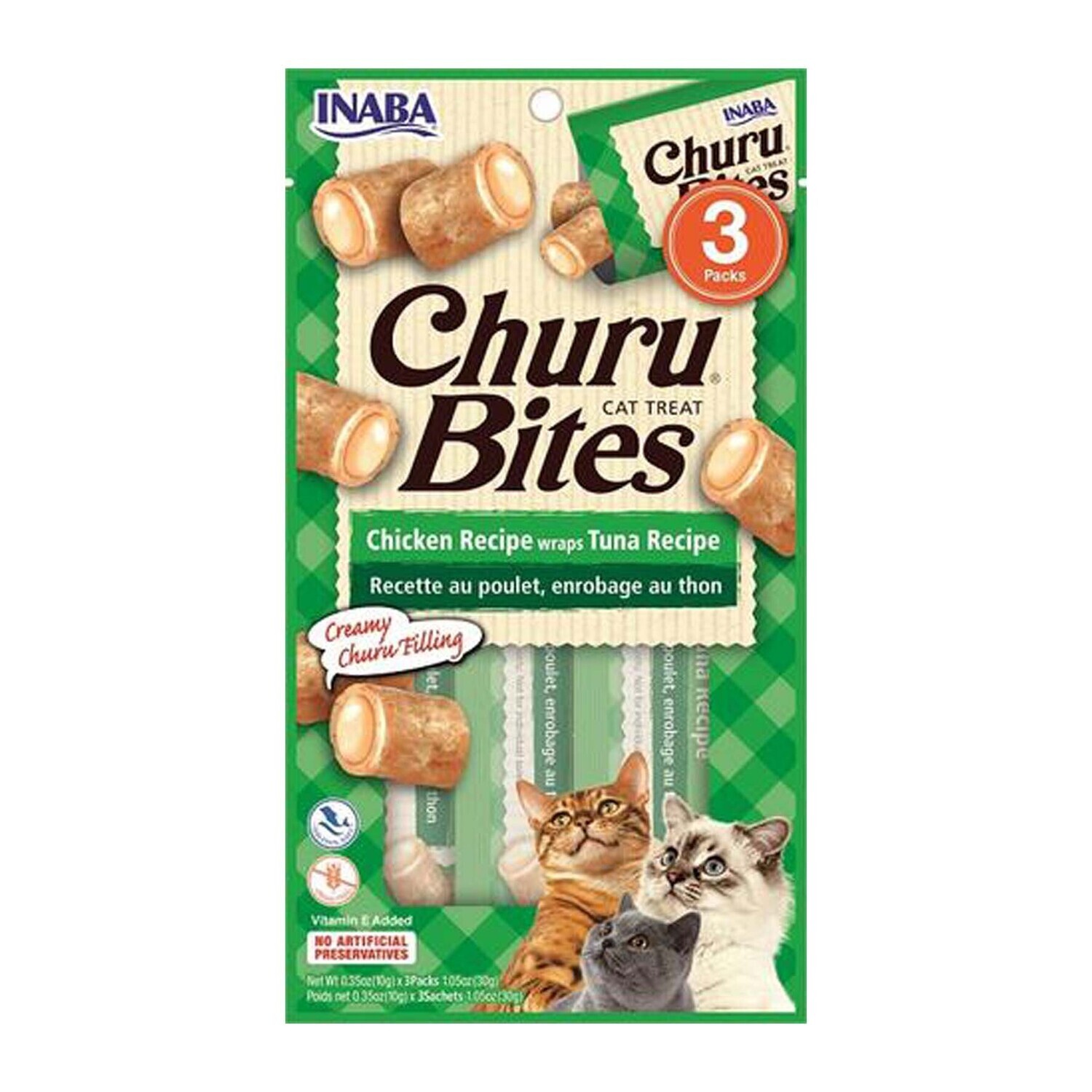 INABA Cat Churu Bites - Tuna Recipe-0.35 oz (10 g) × 3 packs 鸡肉包吞拿鱼味夹心零食