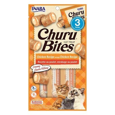 INABA Cat Churu Bites - Chicken Recipe Wraps Chicken Recipe Cat-0.35 oz (10 g) × 3 packs 美味夹心肉粒鸡肉包鸡肉味夹心猫零食