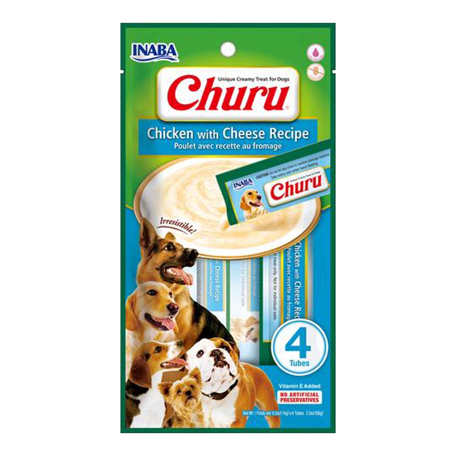 INABA Dog Churu Purees - Chicken with Cheese Recipe-0.5 oz (14 g) × 4 tubes 慕斯狗汤条鸡肉芝士味4支味装