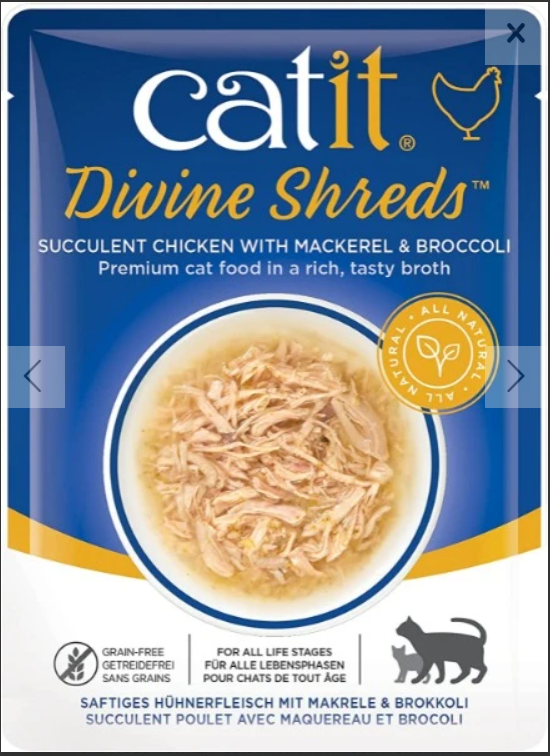 Catit Divine Shreds Wet Cat Food Toppers, Chicken with Mackerel and Broccoli pouch-75g - 鸡肉马鲛鱼西蓝花猫猫汤包