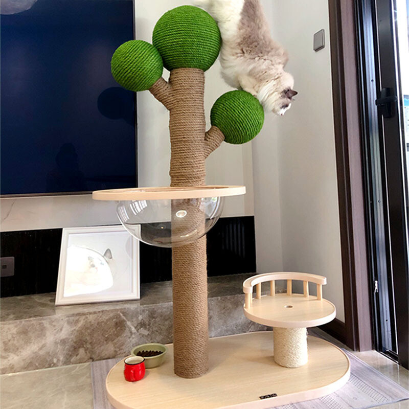 Wood Cat Tree with Bowl Bed - 高阁君实木太空舱猫爬架