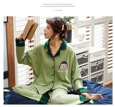 Green Cute Women Loungewear - 开衫纯棉女家居服