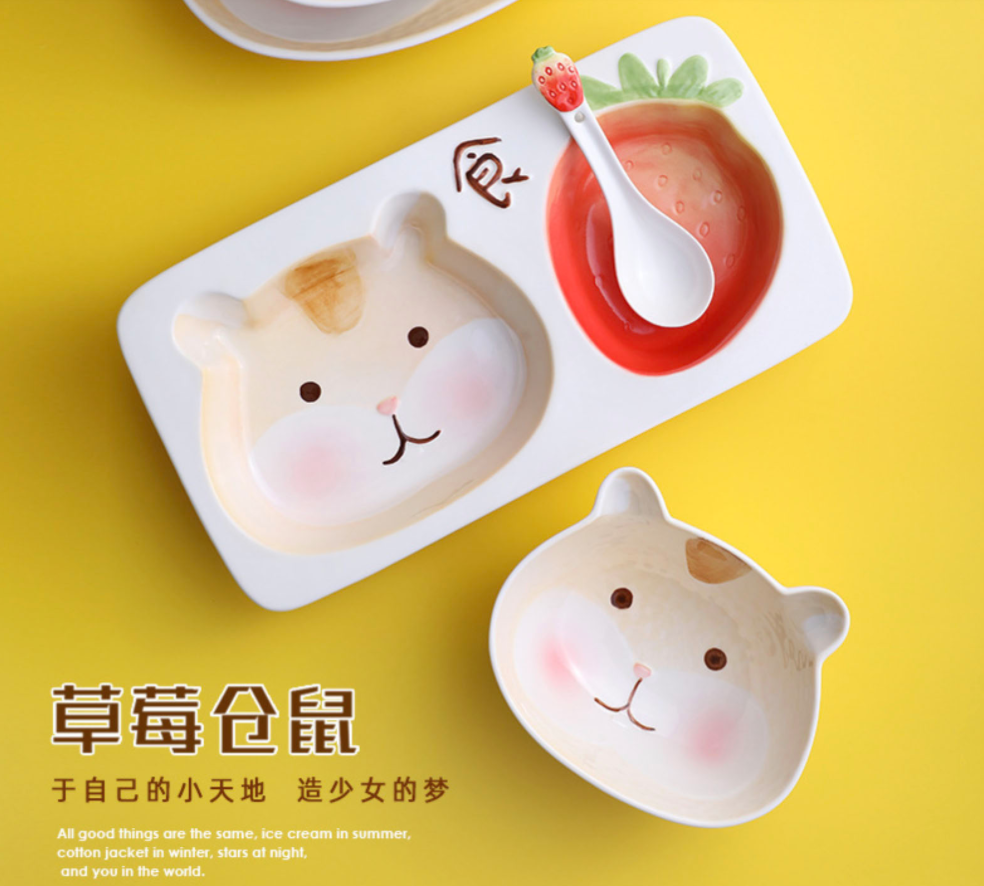 Hamster ceramic serving plate and spoon - 陶瓷分盘仓鼠款 双口宠物碗