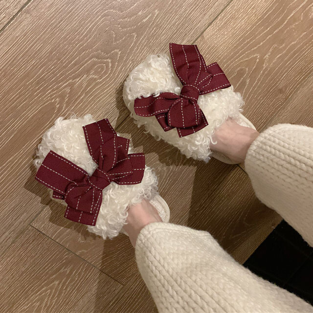 Big bow faux fur home slippers - 毛绒拖鞋