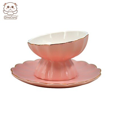 Pet Bevel Ceramic Bowl Pink with Plate - 宠物陶瓷粉色斜口碗(带餐盘)