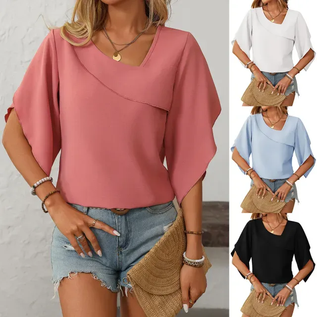 Women&#39;s Casual Oblique V-neck Chiffon Puffed Sleeves Top
