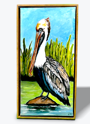 #0002-1 Pelican in marsh 9&quot; x 18&quot; Inset wood Frame