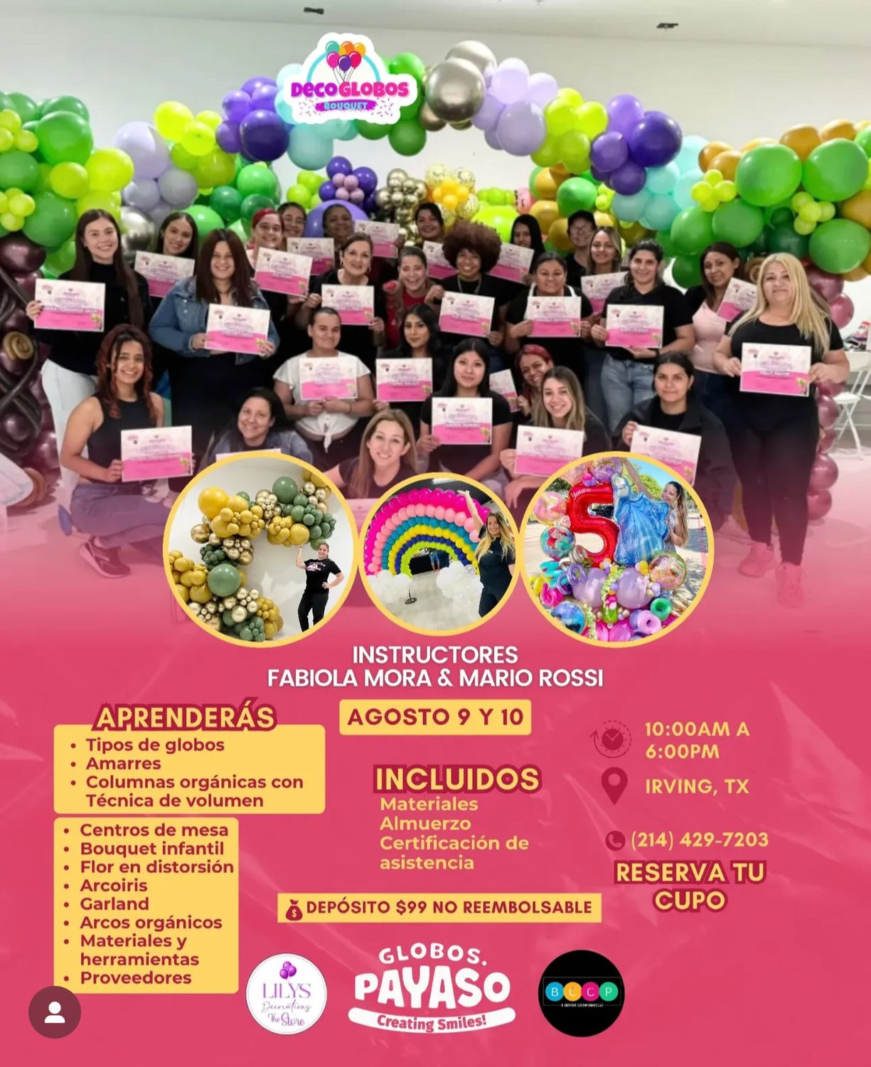 DECOGLOBOS Bouquet Master Class Organica &amp; Calibradas Agosto 9-10. Deposito $99 No Rembolsable