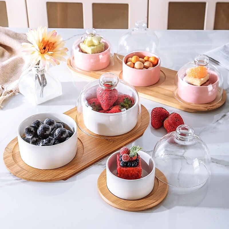Ceramic Bowls With glass Lids, Bamboo Wood Tray- Pink