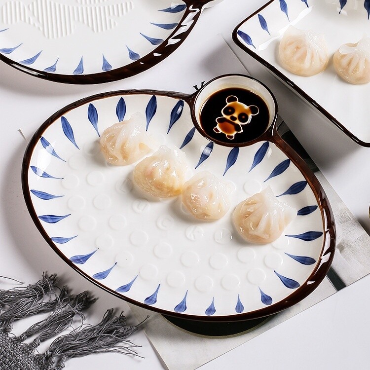 Ceramic Oval Dumpling Plate- Blue Stripes