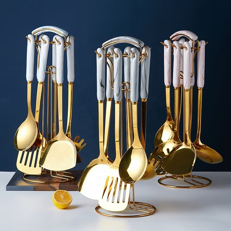 Ceramic Golden 7 Piece Stainless Steel Kitchen Utensils Set Cooking Tools