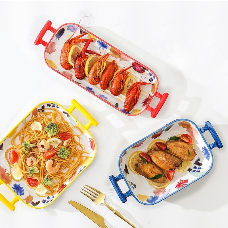 Floral Ceramic Baking Dishes with Handles- Square
