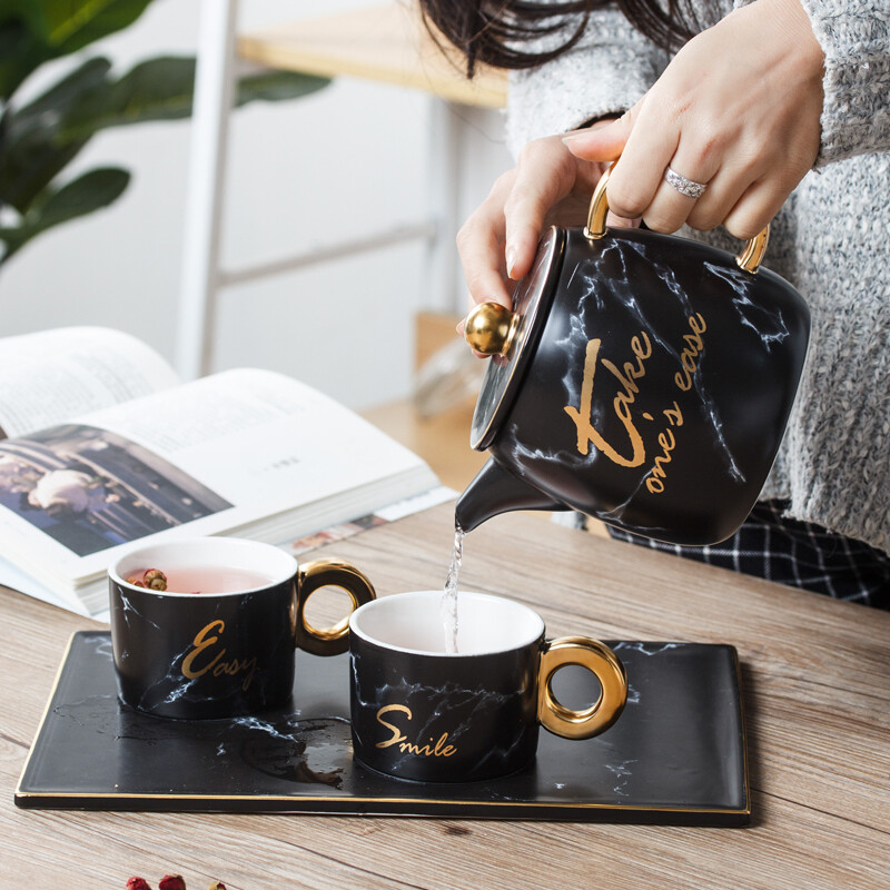 Marble Ceramic Tea Set With 2 Cup-Black