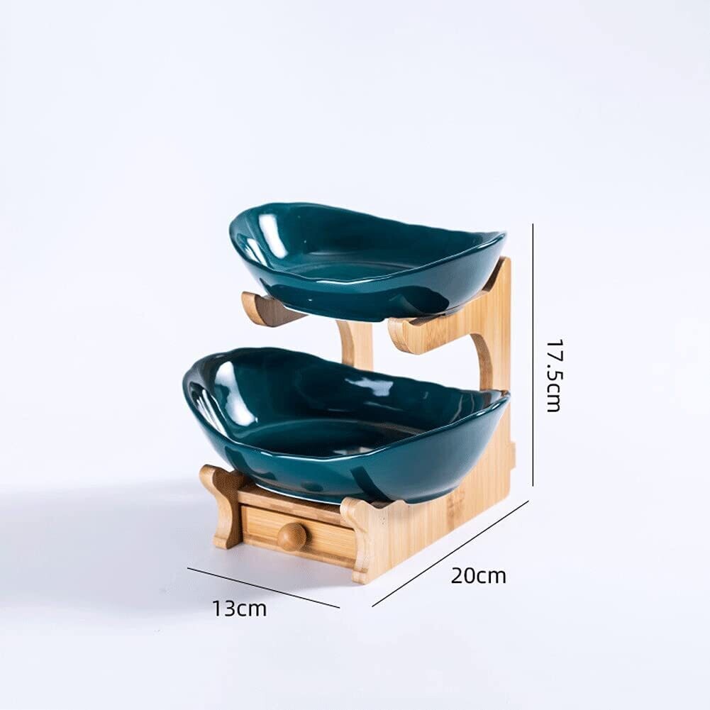 Fruit Stand Oval Bowl Set Ceramic With Drawer 2 Layer-white, Colour: Green