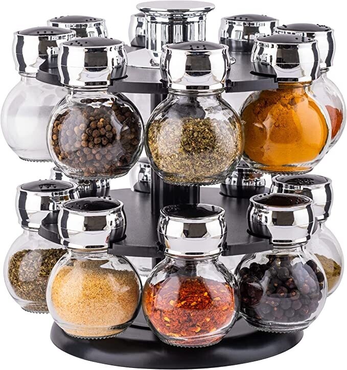 16 Jar Revolving Spice Rack with Glass Bottles - Rotating for Herbs and Spices