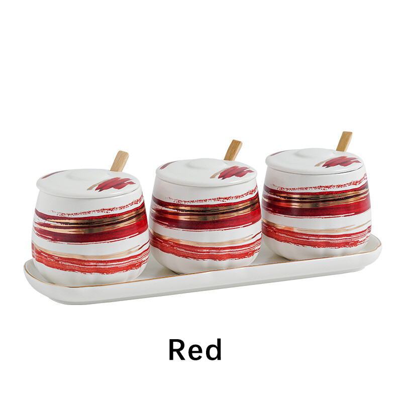 Ceramic Container Jar with Spoon and Tray set, Color: Red