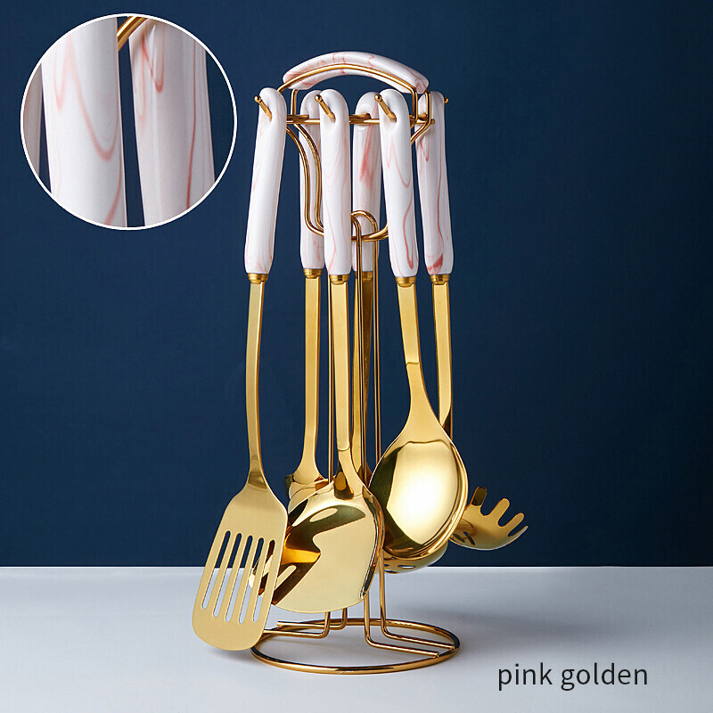 Ceramic Golden 7 Piece Stainless Steel Kitchen Utensils Set Cooking Tools, Color: Pink Gold