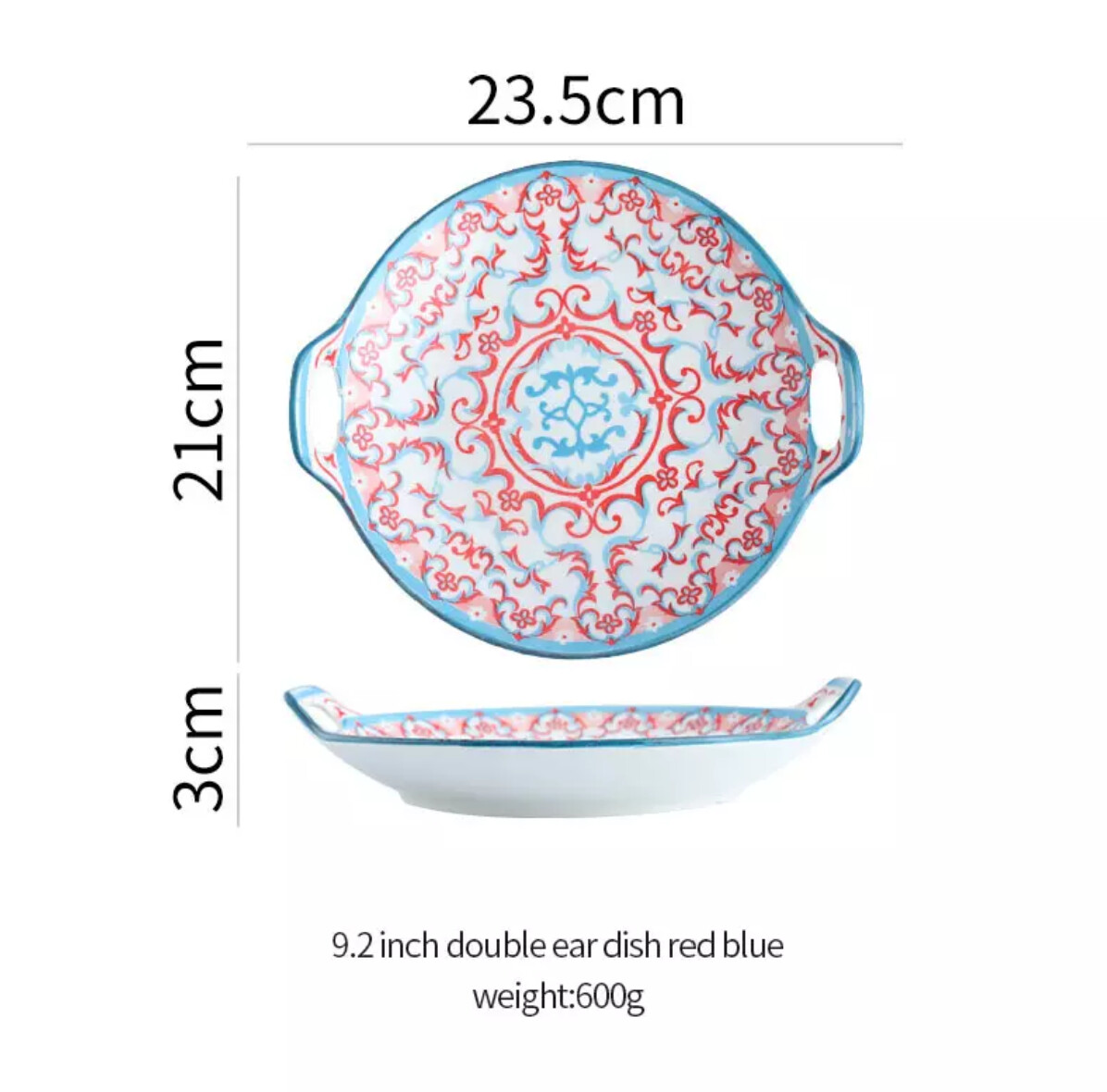 Ceramic 9.2 Inch Double Ear Dish, Color: Red- Blue