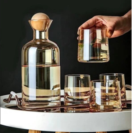 Glass Carafe with Wooden Ball Lid 5pcs set, Color: Amber
