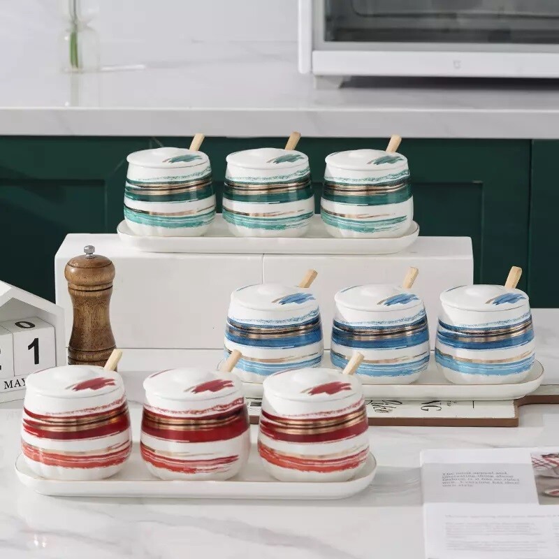 Ceramic Container Jar with Spoon and Tray set