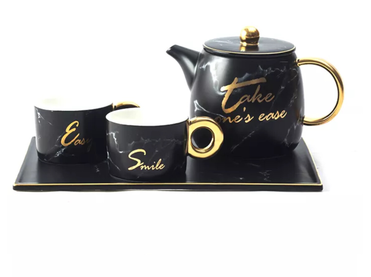 Marble Ceramic Tea Set With 2 Cup-Black, Color: Black