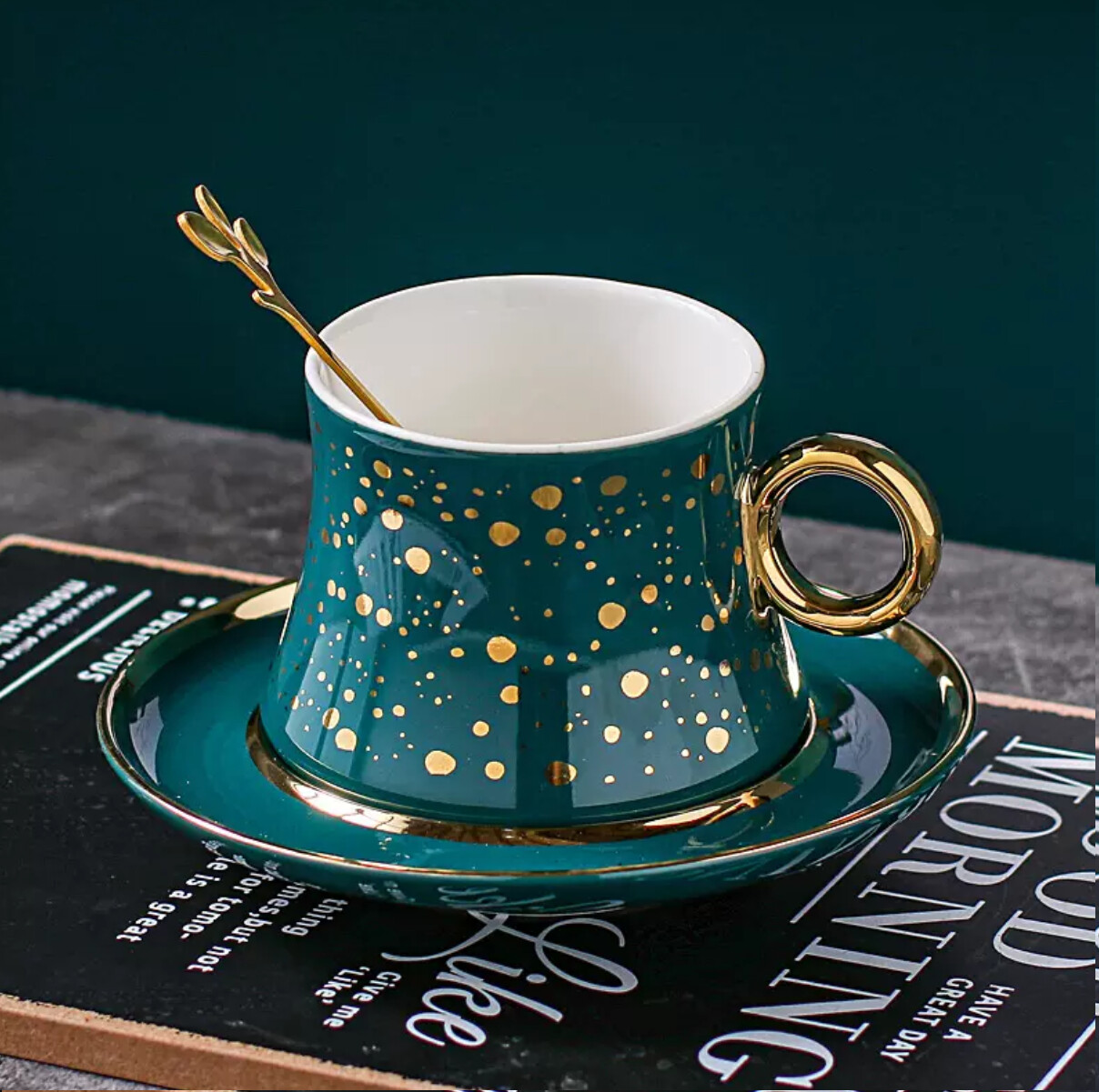 New Ceramic Mugs Cup And Spoon And Saucer, Colour: Green