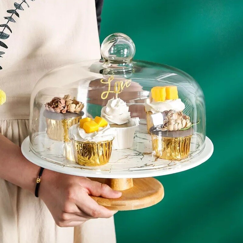 Ceramic Cake Stand With Glass Lid 12inch