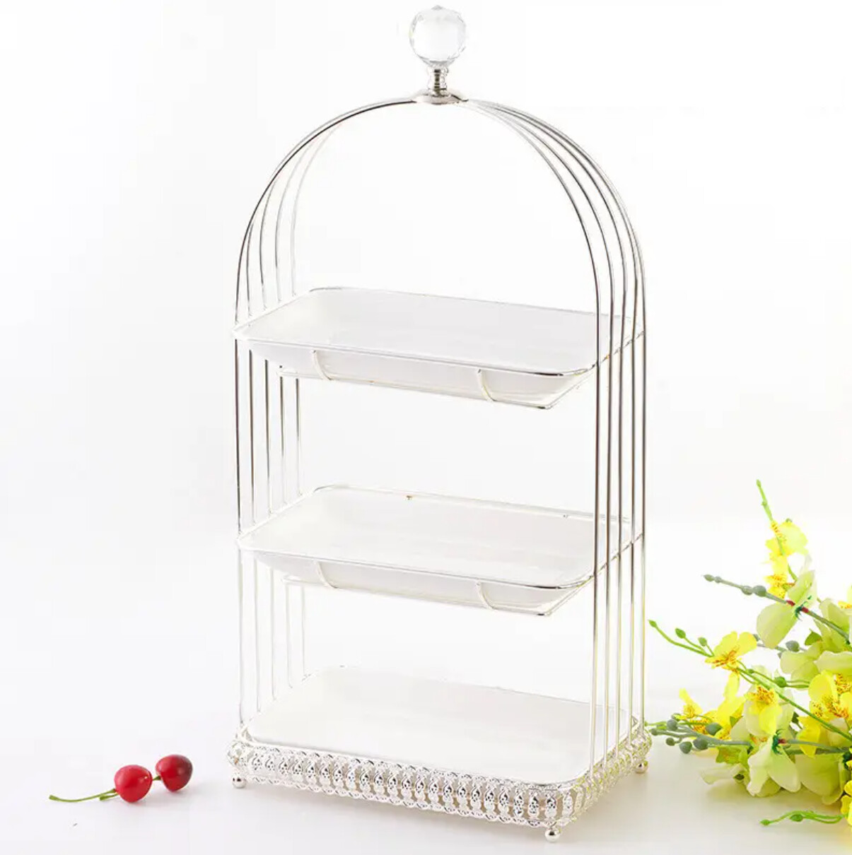 Bird Cage Ceramic Cake Stand 3 Layer- Square shape, Color: Silver