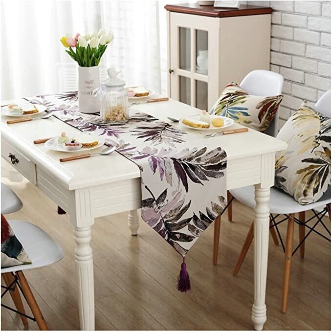 Leaf Print Tassel Table Runner- 32x120cm, Color: Color1