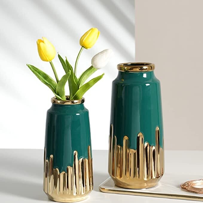 Green &amp; Gold Ceramic Vase-M