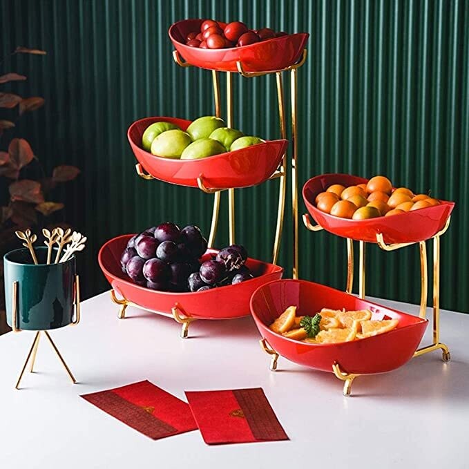 Ceramic 3 Layers Fruits Plate-Red