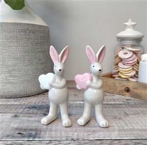 Large Ceramic Rabbit Ornament Holding Heart 15cm