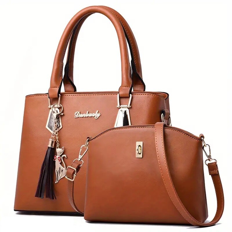 2pcs Leather Bag Set Tassel Handbag- Brown