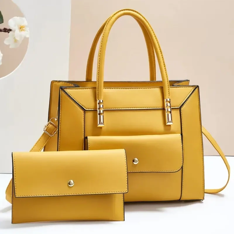 Women&#39;s Large Capacity Trendy Shoulder Bag &amp; Small Clutch Bag Set-Yellow