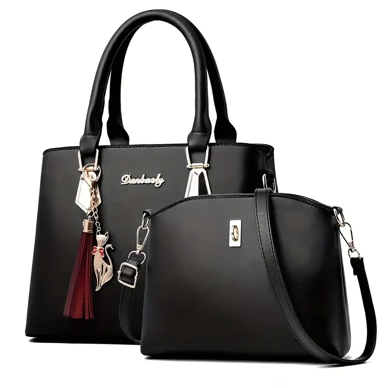 2pcs Leather Bag Set Tassel Handbag- Black