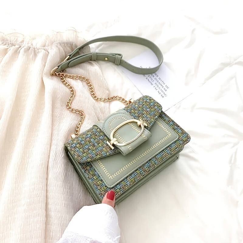 Mini Plaid Pattern Tweed Bag-Green