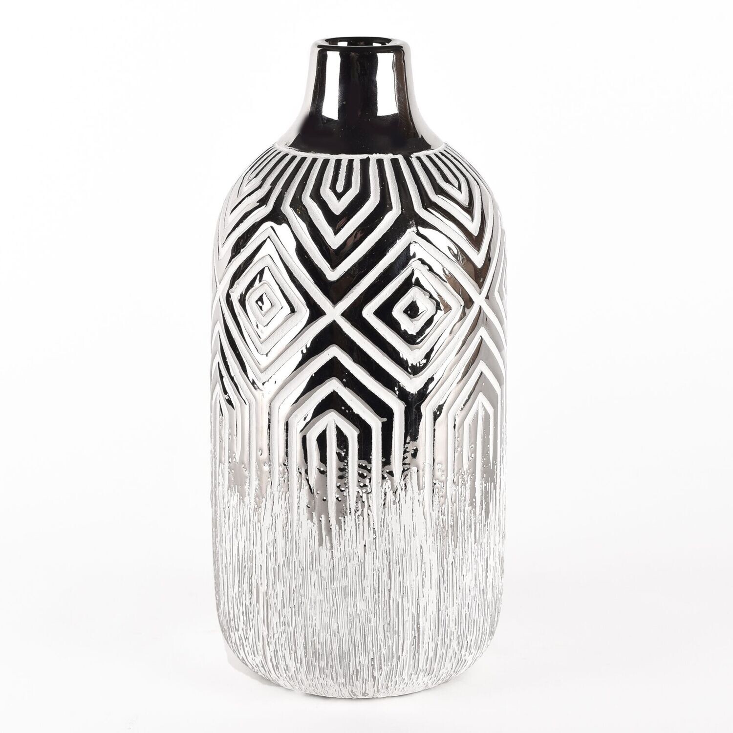 Silver &amp; White Geometric Vase 24.5cm