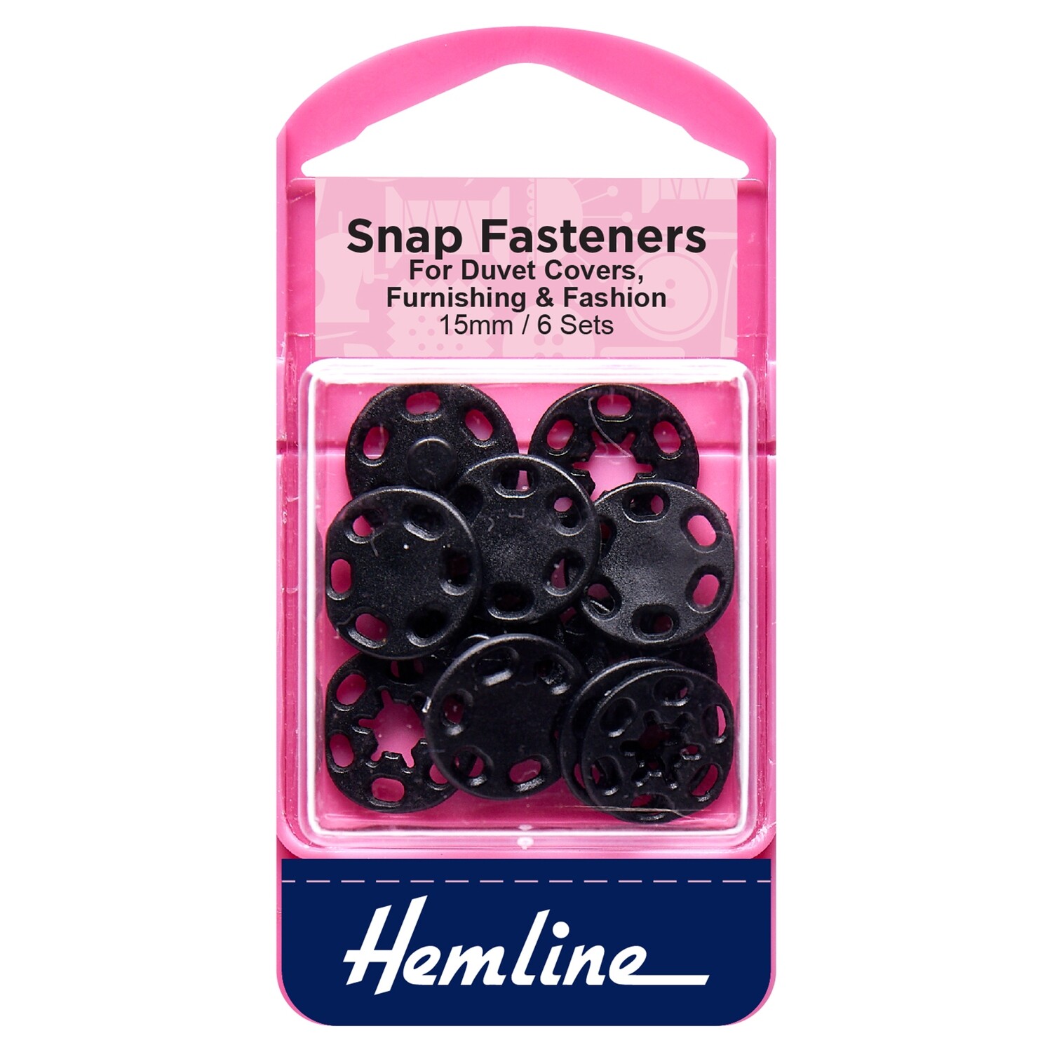 Snap Fasteners: Sew-on: Black (Plastic): 15mm: Pack of 6