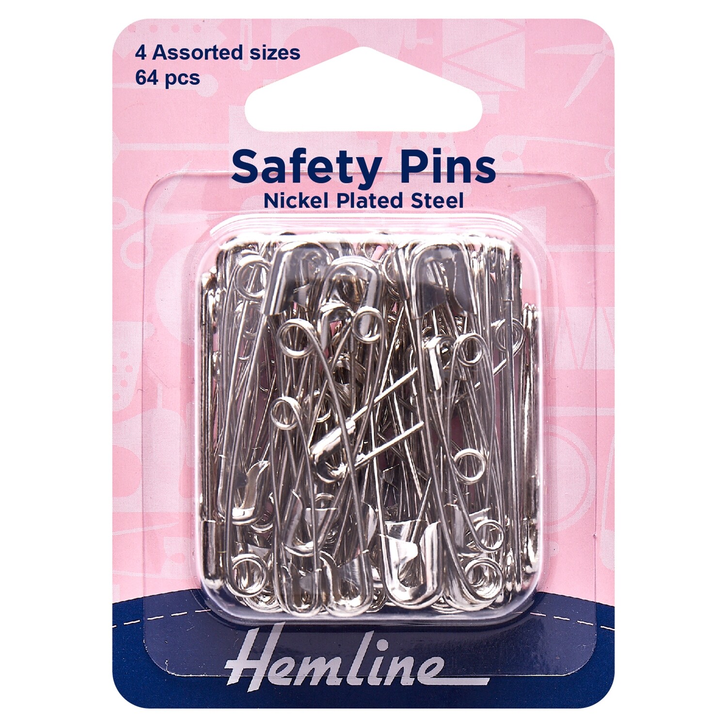 Safety Pins: Assorted Sizes: Nickel: 64 Pieces