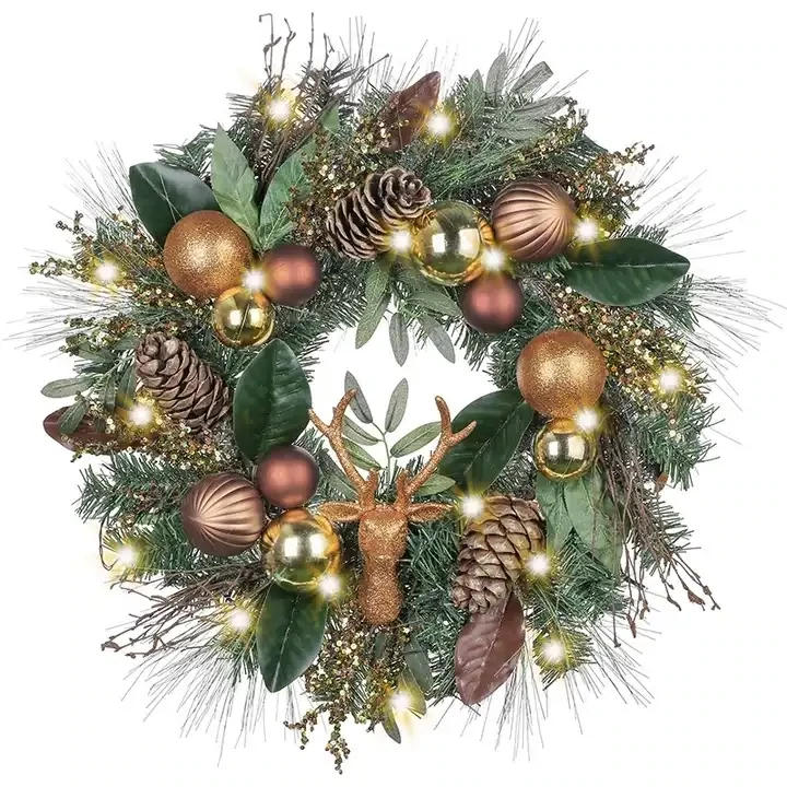 Gold 24 Inch Christmas Ornaments Artificial Wreath with LED Light