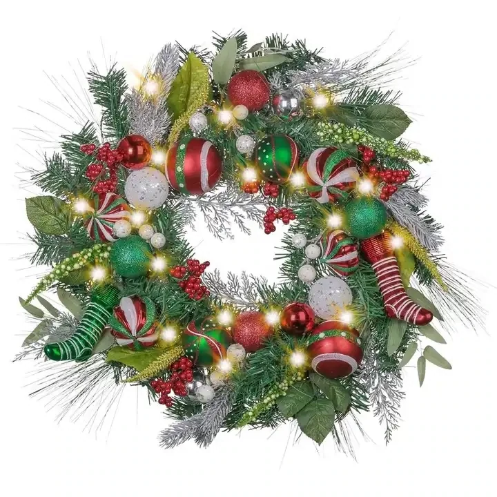 24inch christmas home decorated wreath with LED light-Red