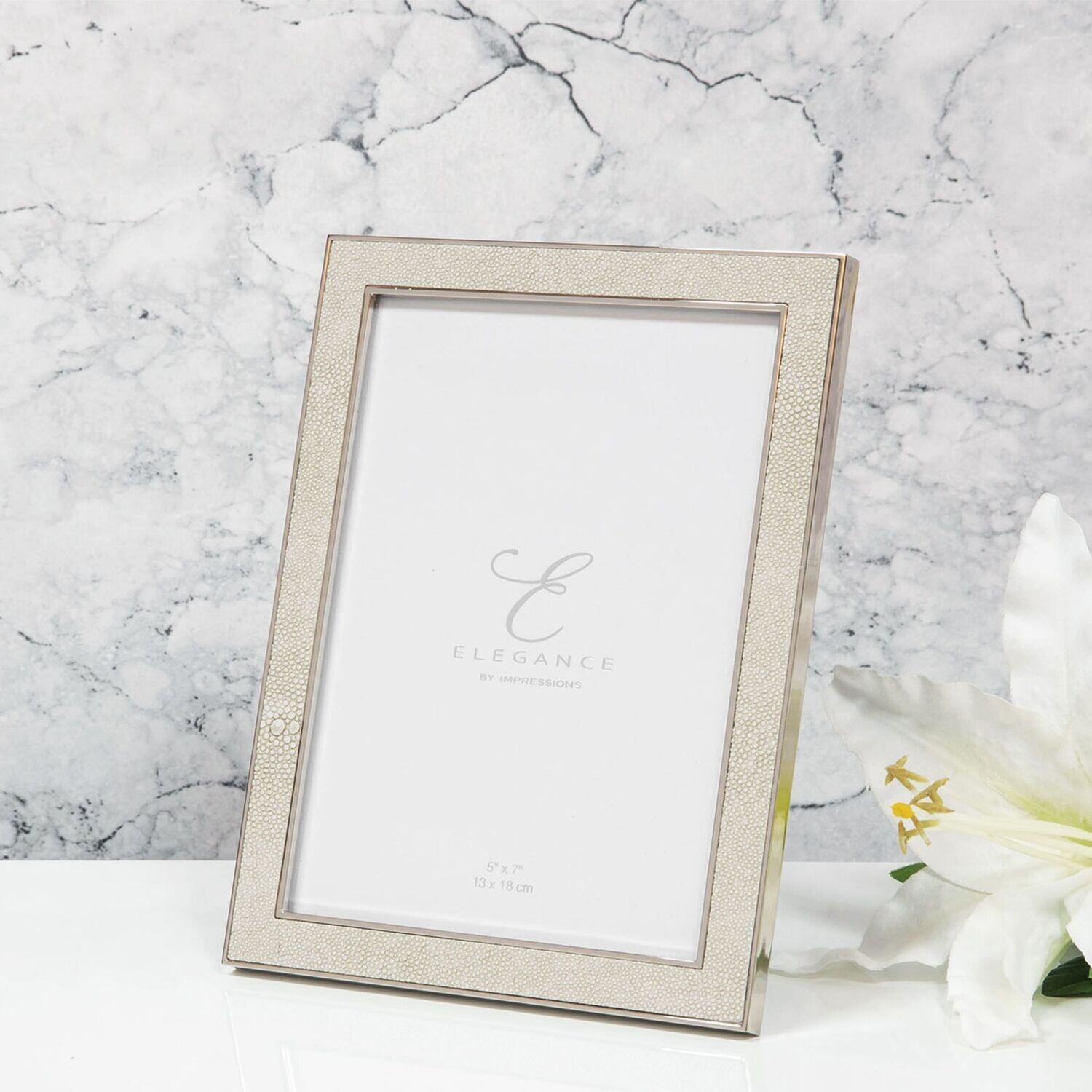 ELEGANCE METAL PLATED CREAM FAUX SHAGREEN FRAME 5&quot; X 7&quot;