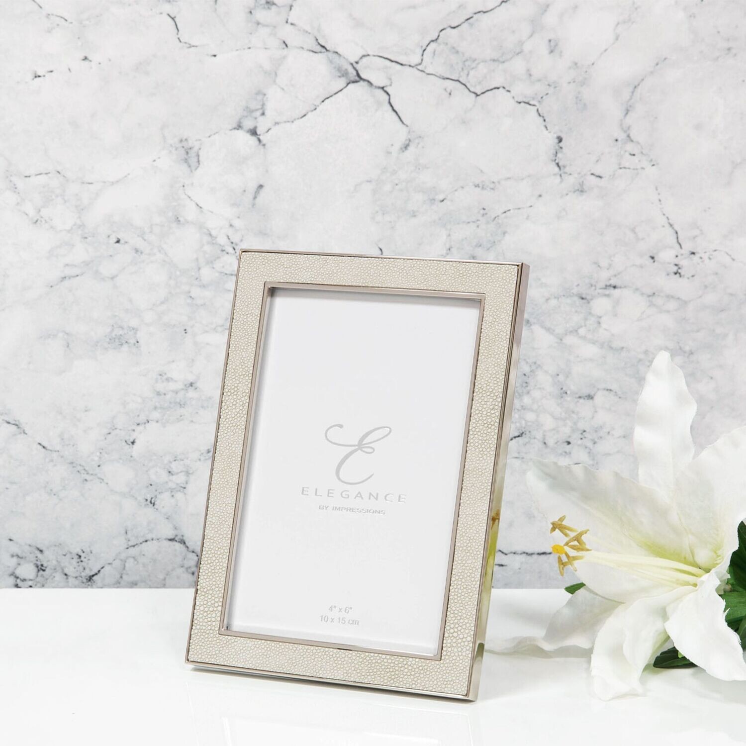 ELEGANCE METAL PLATED CREAM FAUX SHAGREEN FRAME 4&quot; X 6&quot;