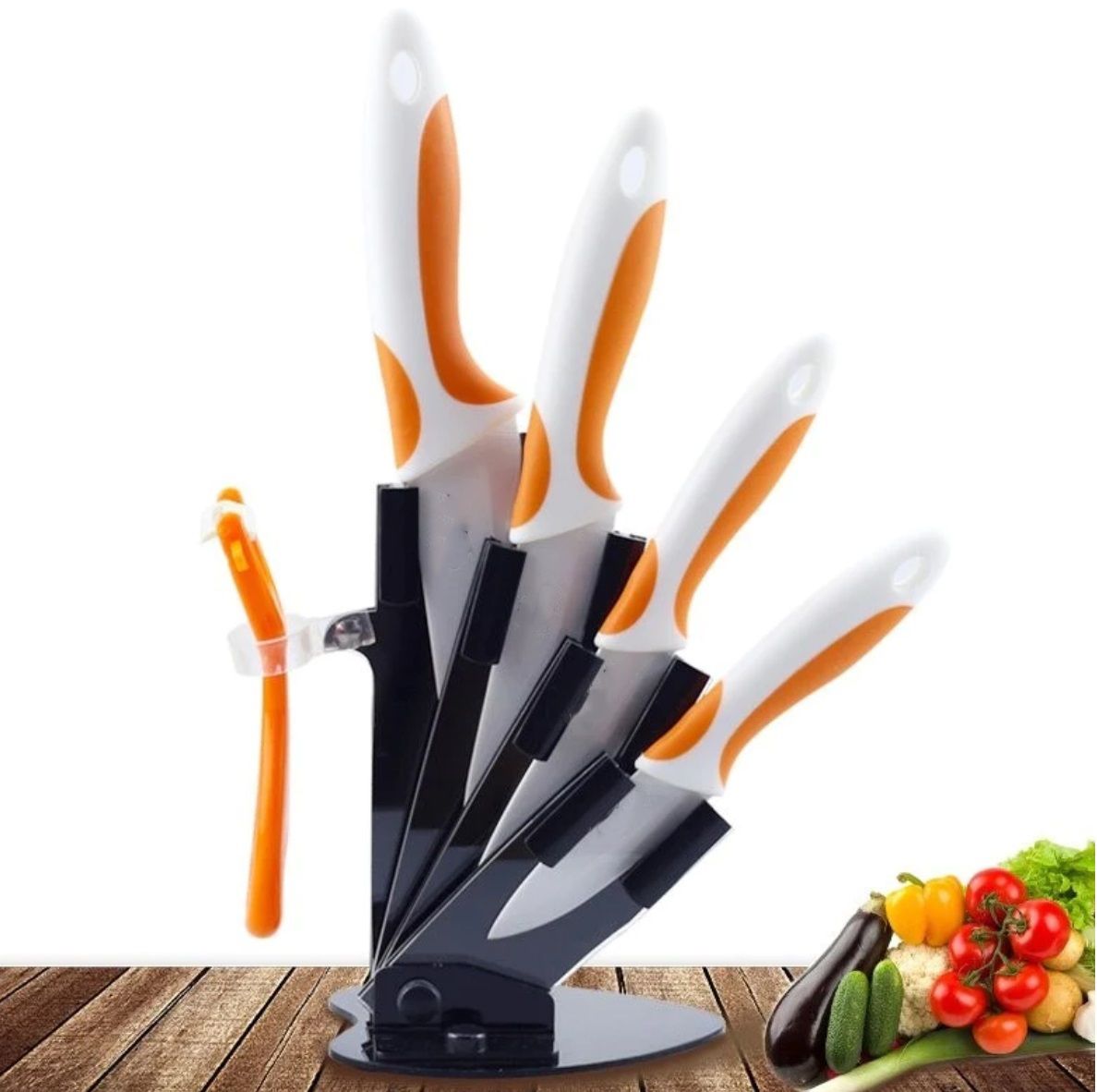 Ceramic Knife Set with Stand, Color: Orange