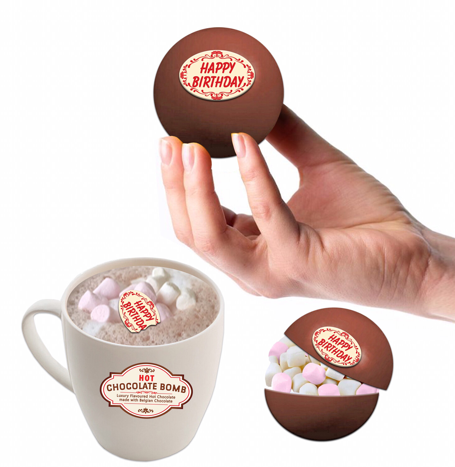 2 BELGIAN Hot Chocolate &amp; Marshmallow Bombs with Chocolate Happy Birthday