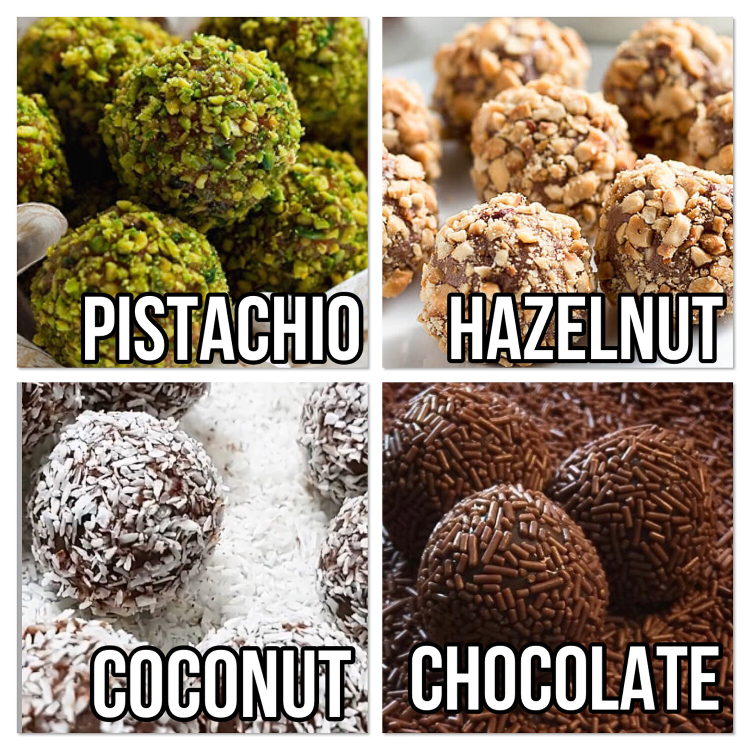 Handmade Belgian Chocolate Truffles. A Box Of 16 Truffles 4 each of Pistachio, Coconut, Chocolate, Hazelnut
