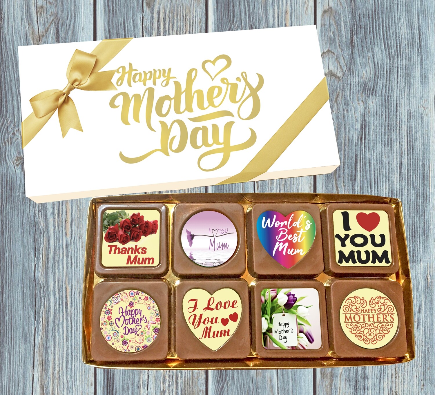 A Box of 8 Belgian Chocolates printed with Mother’s Day messages. 100% EDIBLE!