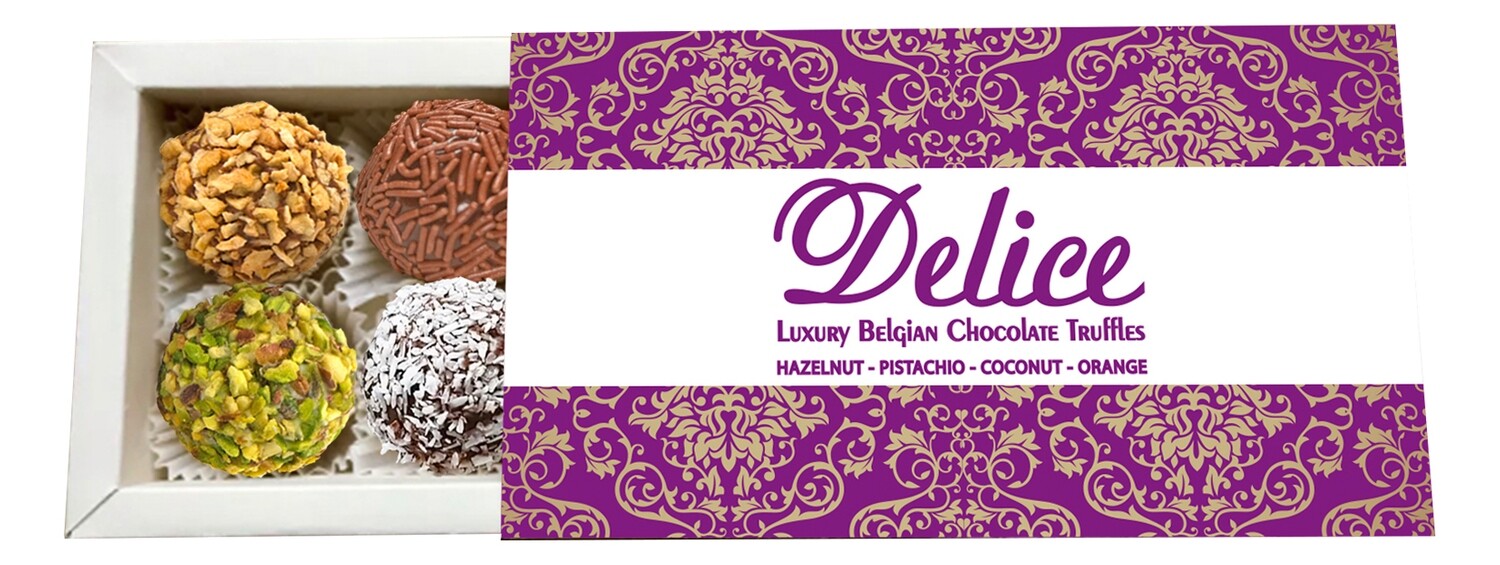 A box of 8 Handmade Belgian Chocolate Truffles. Pistachio, Coconut, Orange, Hazelnut
