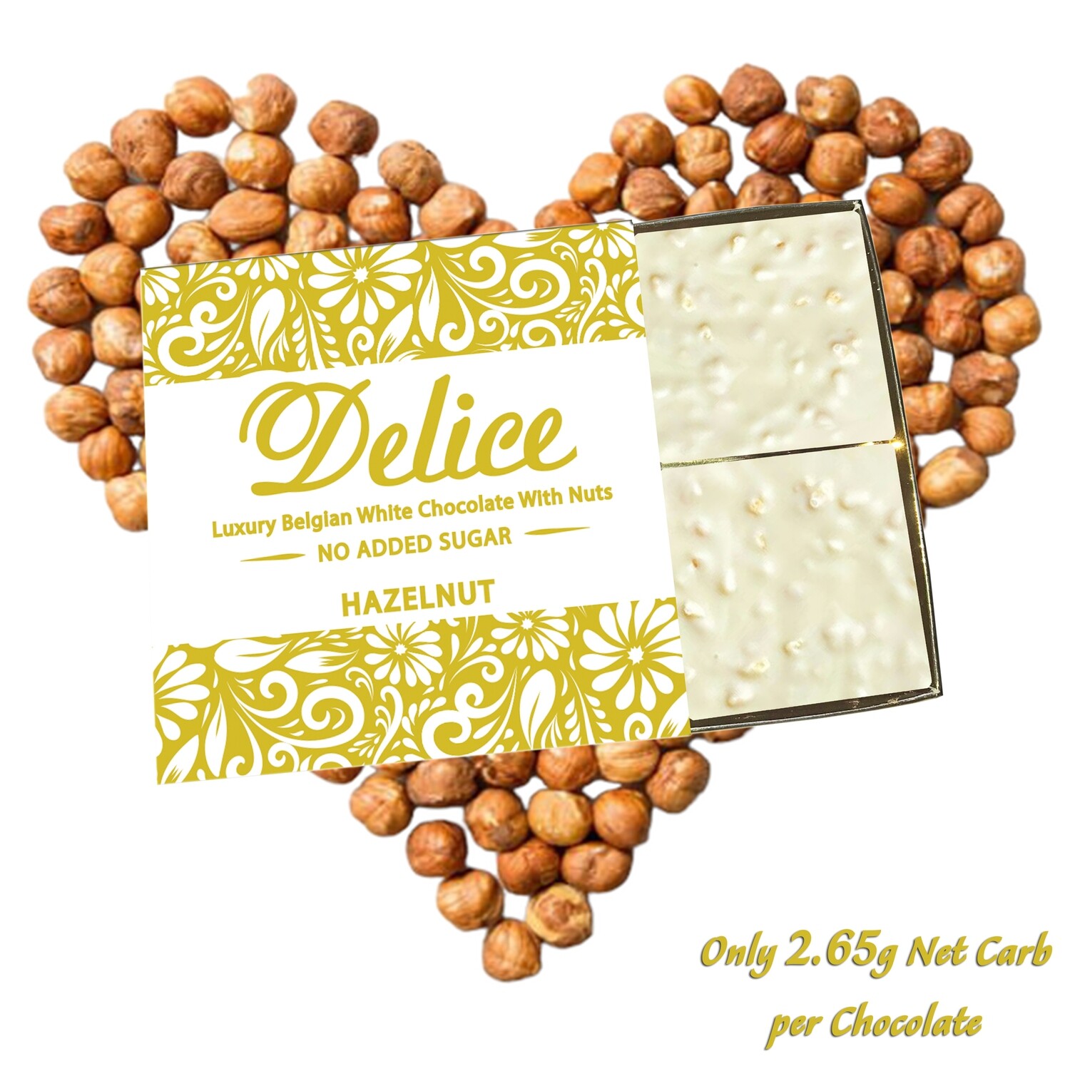 Delice No added Sugar Luxury White Chocolate with Roasted HAZELNUTS