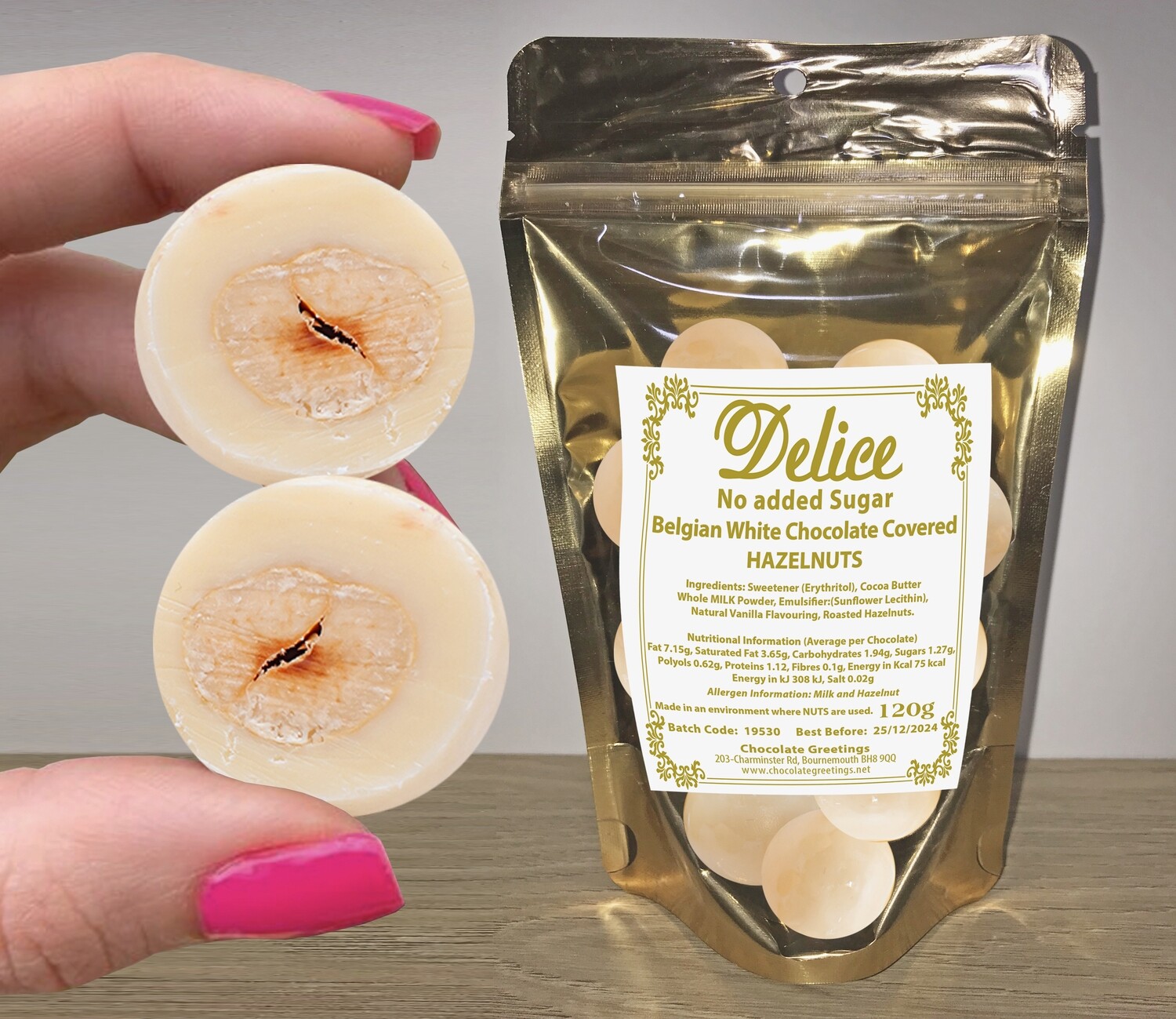 Delice No added Sugar WHITE Chocolate Covered Hazelnuts - Sugar Free - Diabetic - Keto